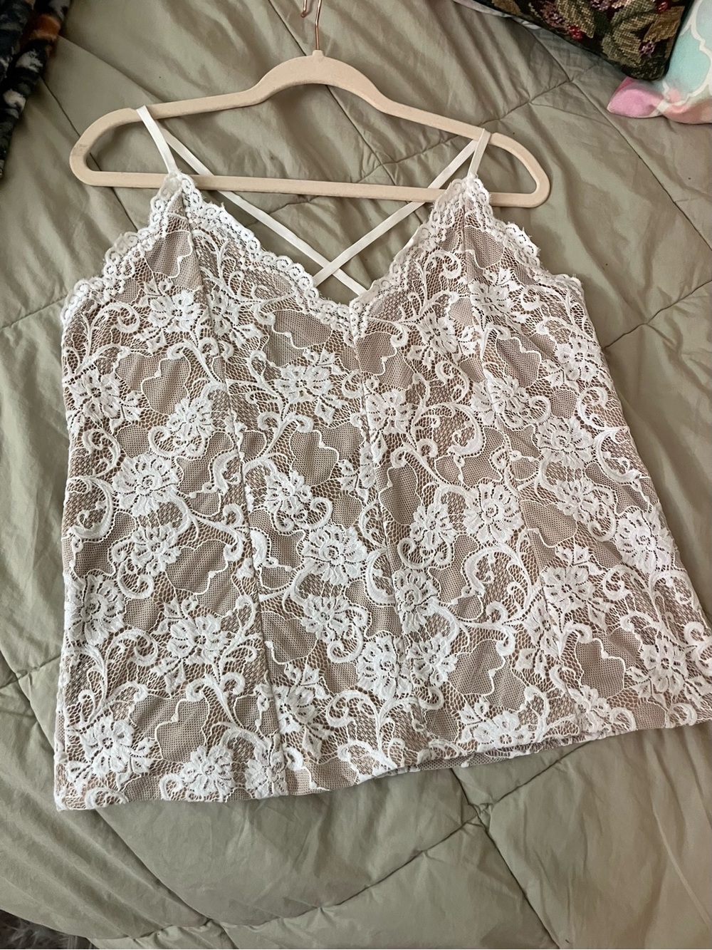 K Jordan White Lace Overlay Camisole with Nude Underlayer
